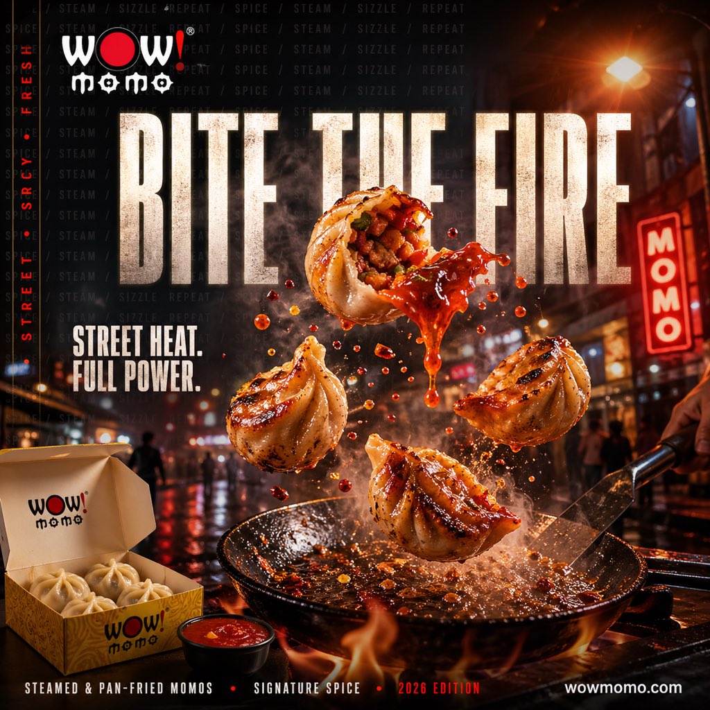 A cinematic street-food advertisement poster for WOW! momo, shot at night on a rain-slick urban street with warm neon bokeh and a dramatic food-photography look. The composition is square...