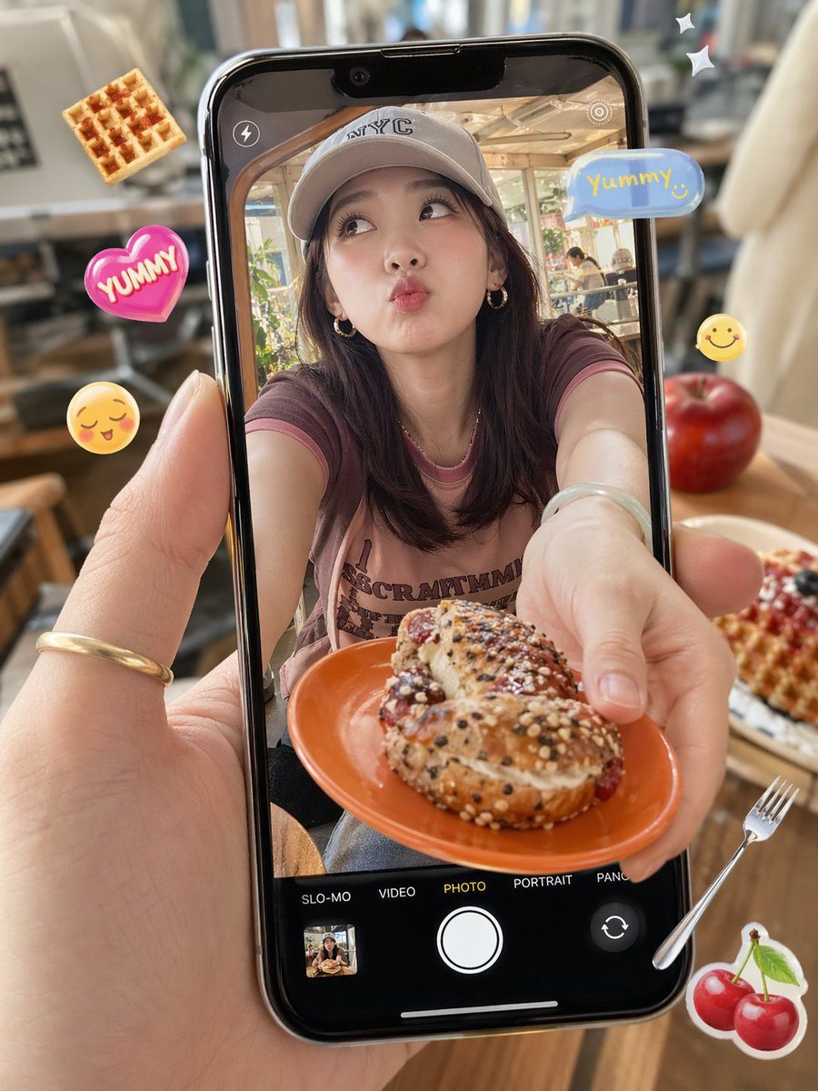 A photorealistic close-up of a hand holding a modern black smartphone vertically in a cozy sunlit cafe. The phone screen shows the live camera view in photo mode, with a young woman seate...