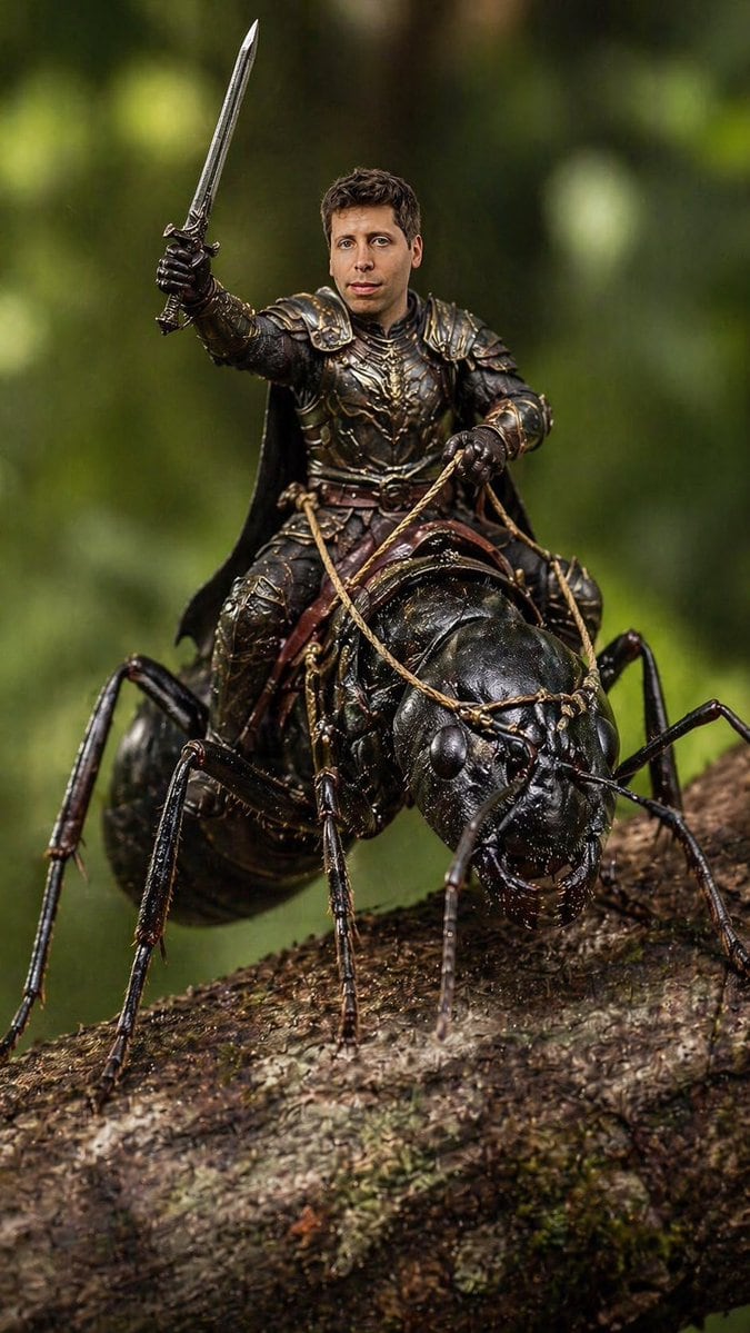 Epic action macro photograph on a forest twig. A tiny armored warrior with the uploaded face as reference rides a large realistic black ant like a warhorse. The rider wears detailed fanta...