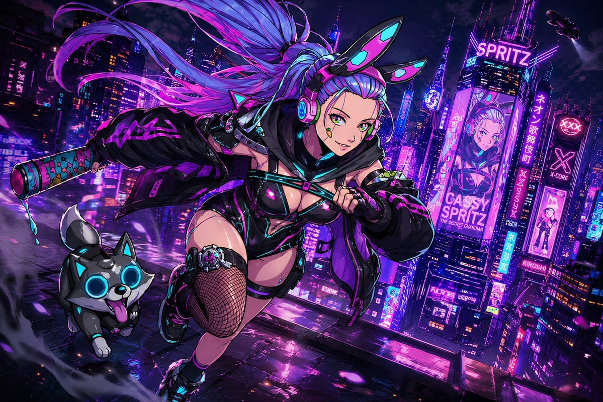 Create an illustration game splash screen featuring the character attached sprinting on the rooftop of a building in the district, in the background we can see the whole city with bright...