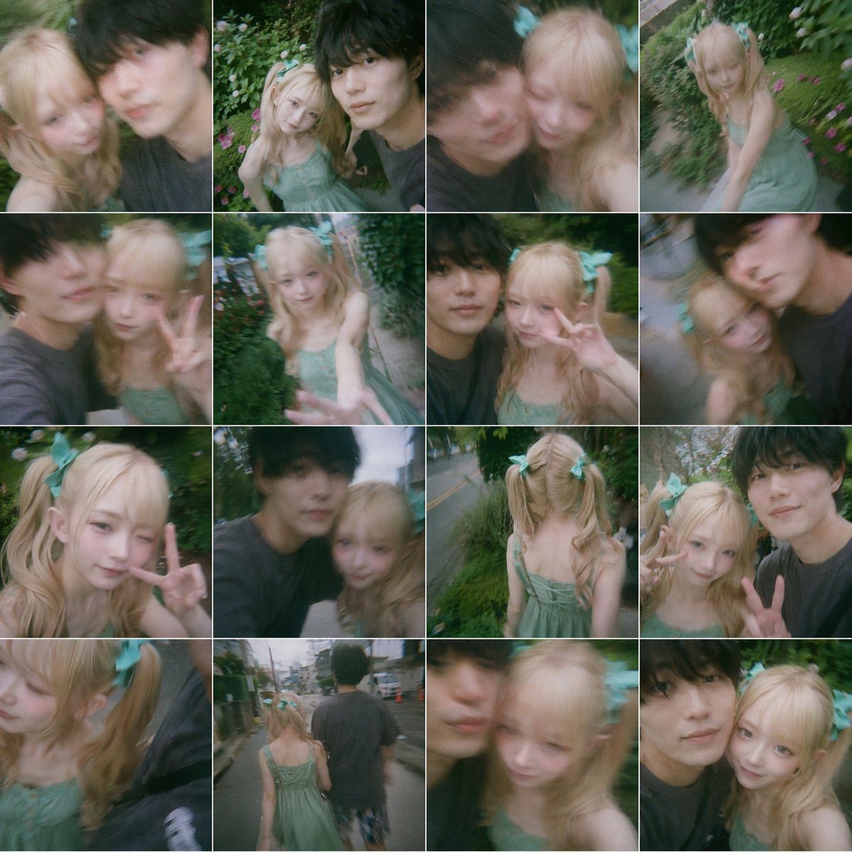 A 4x4 collage of 16 candid smartphone snapshots arranged in a tight square grid with thin white dividers, styled like spontaneous couple selfies taken during an evening walk in a lush res...