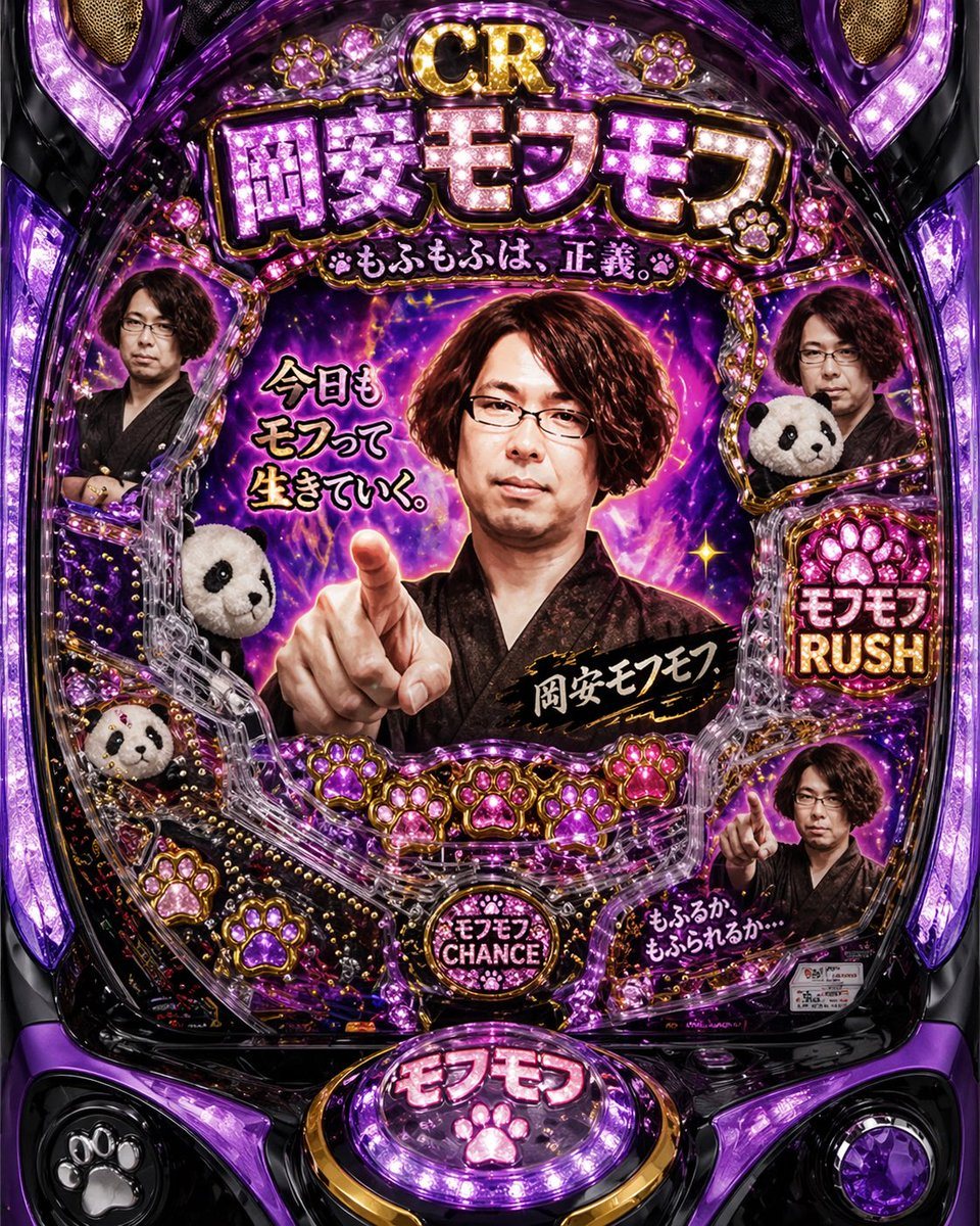 A hyper-detailed Japanese pachinko machine front view designed as a surreal contemporary-art parody, glossy black and metallic purple body with intense magenta-violet LED illumination, sp...