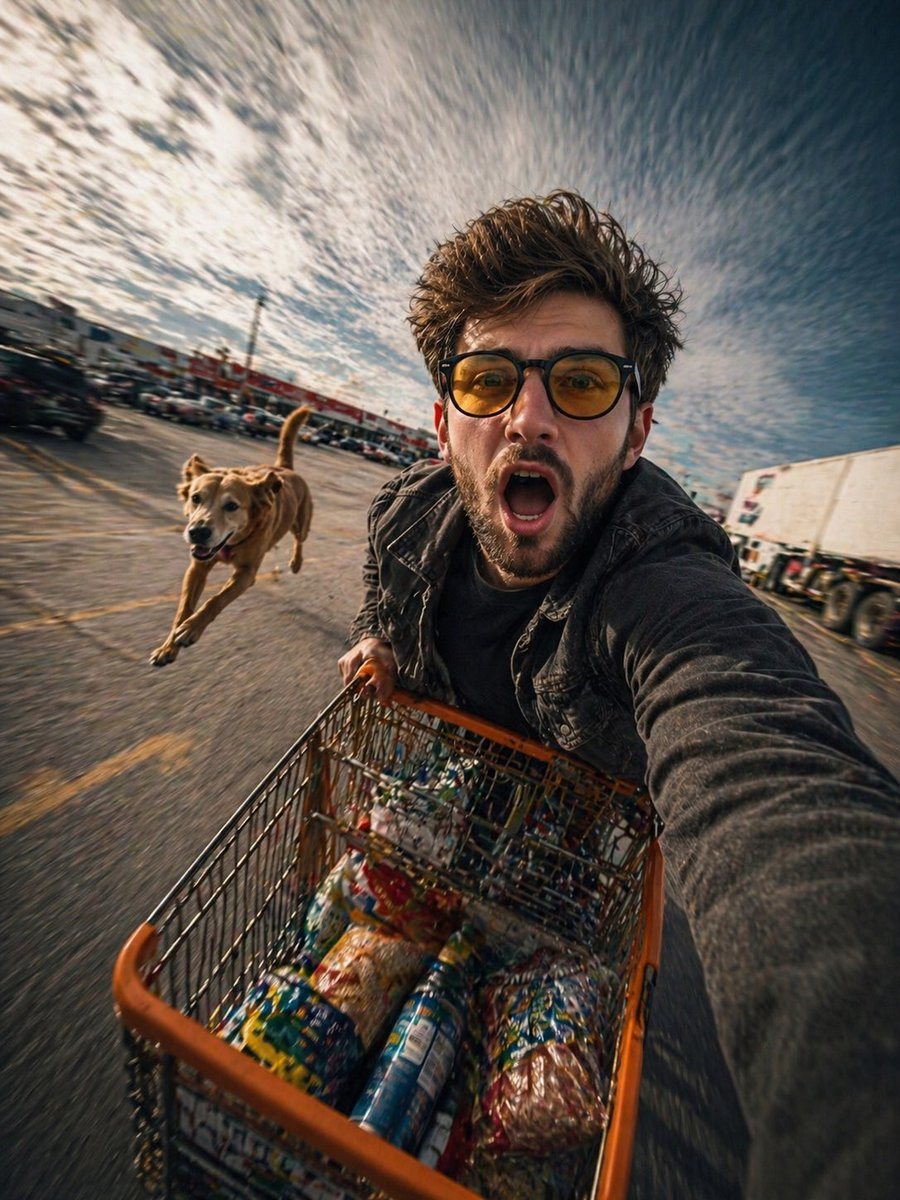 A dynamic wide-angle selfie prompt featuring a person riding a shopping cart in a parking lot, designed for high-energy motion and realistic textures.