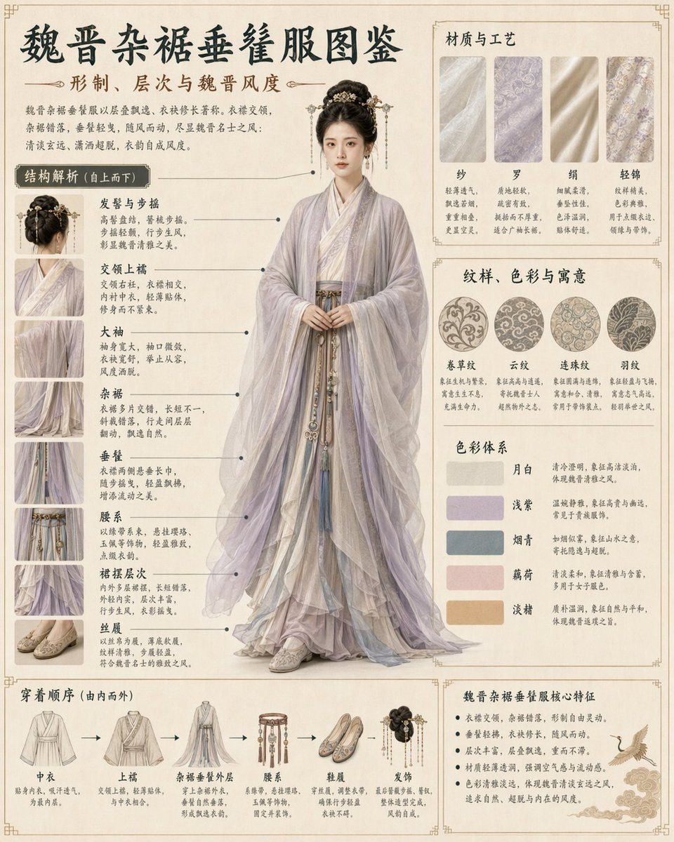 Generates a highly detailed, museum-quality infographic breaking down the structure, materials, and wearing sequence of traditional garments.