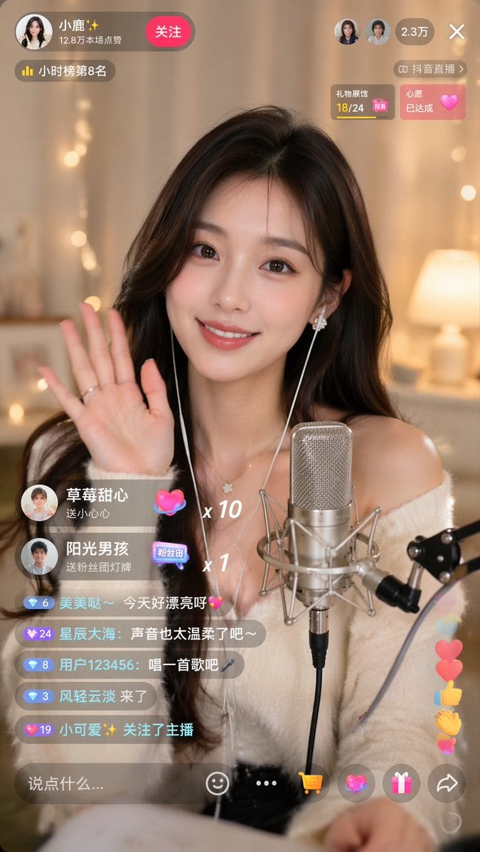 一个用于生成抖音直播间用户界面模拟的简单提示词,适用于 App 设计原型制作。