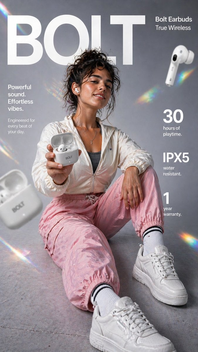 A comprehensive marketing infographic prompt for true wireless earbuds, featuring a professional fashion campaign aesthetic and detailed typographic layout.