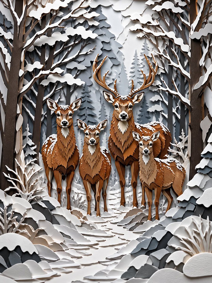This prompt generates a refined layered paper-cut illustration of four deer in a snowy winter forest, ideal for seasonal art prints, editorial illustration, or decorative wall art.