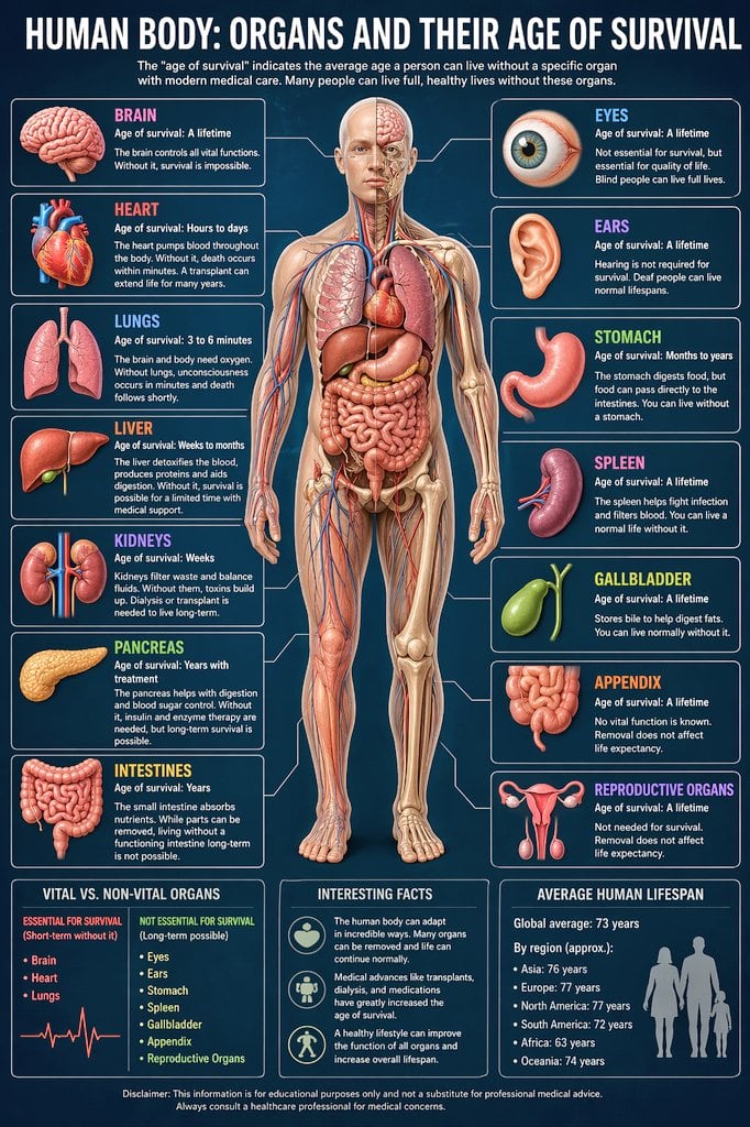 Create a detailed medical infographic of the human body showing major organs and how long a person can survive without each. Use a central transparent body, labeled organs, and a clean mo...