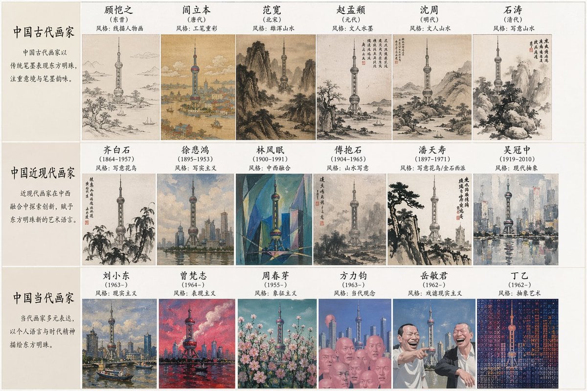 这是一个创意提示词,要求模型列出多位中国画家,并以他们各自独特的艺术风格绘制特定的地标建筑,例如东方明珠塔。