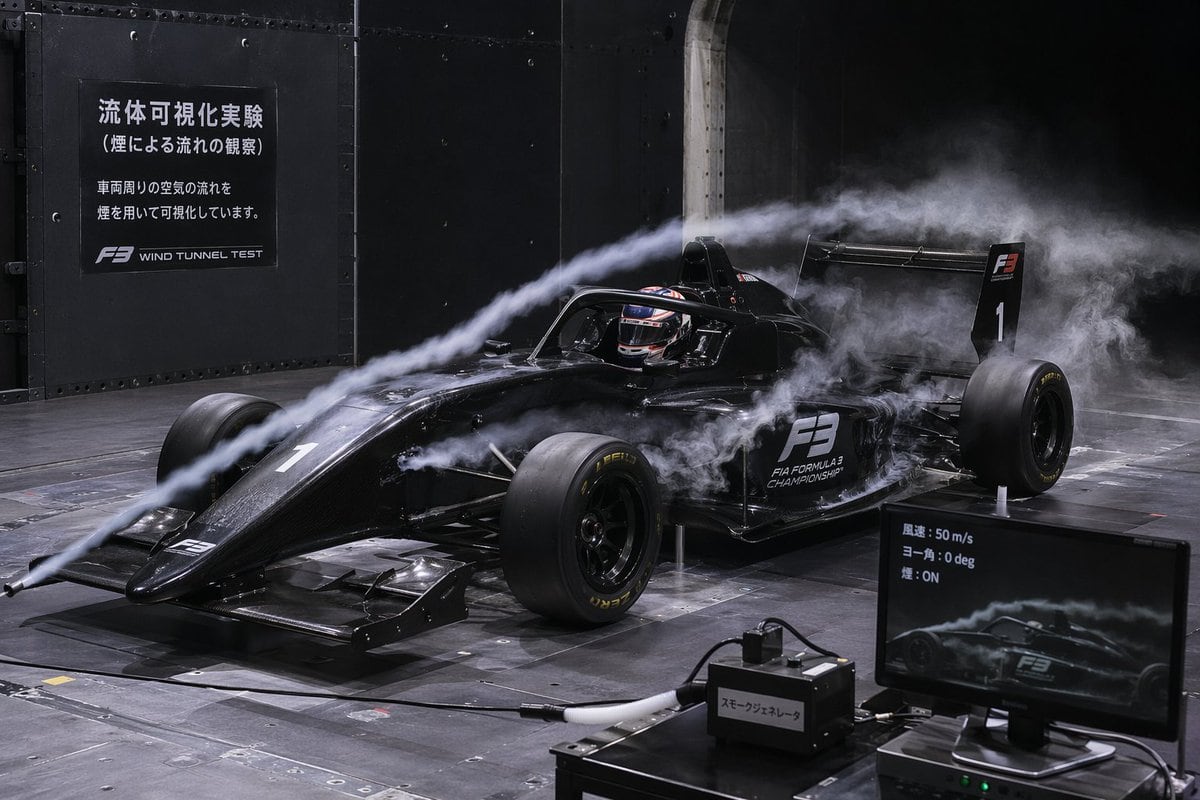 A photorealistic image of a black Formula 3 race car undergoing an aerodynamic wind tunnel test. Thick white smoke trails flow from a front nozzle over the car's nose, halo, and rear wing...
