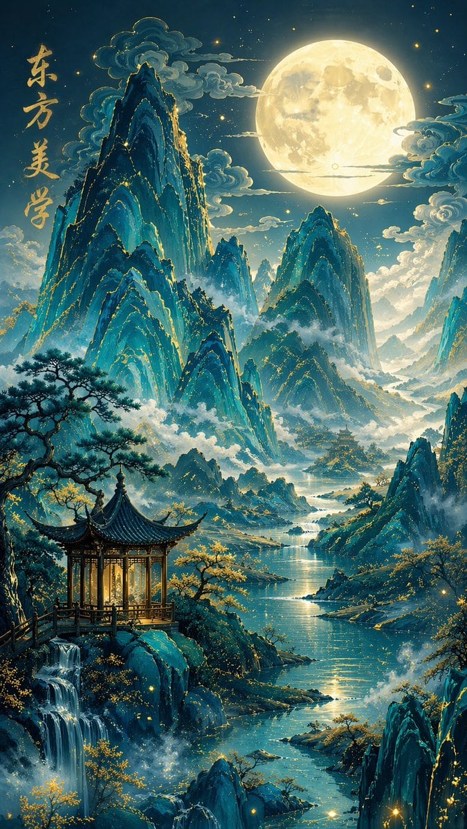 一份用于创作具有现代奇幻美感的高质量传统中国青绿山水插画的详细提示词。