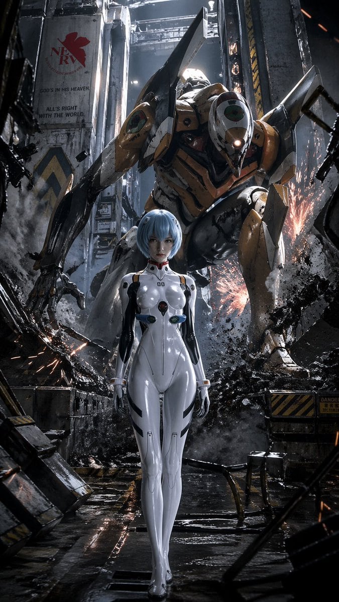 A dramatic vertical sci-fi anime poster in a gritty Evangelion-inspired hangar corridor, showing a pale blue short-bob girl in a glossy white futuristic plugsuit walking forward in the ex...
