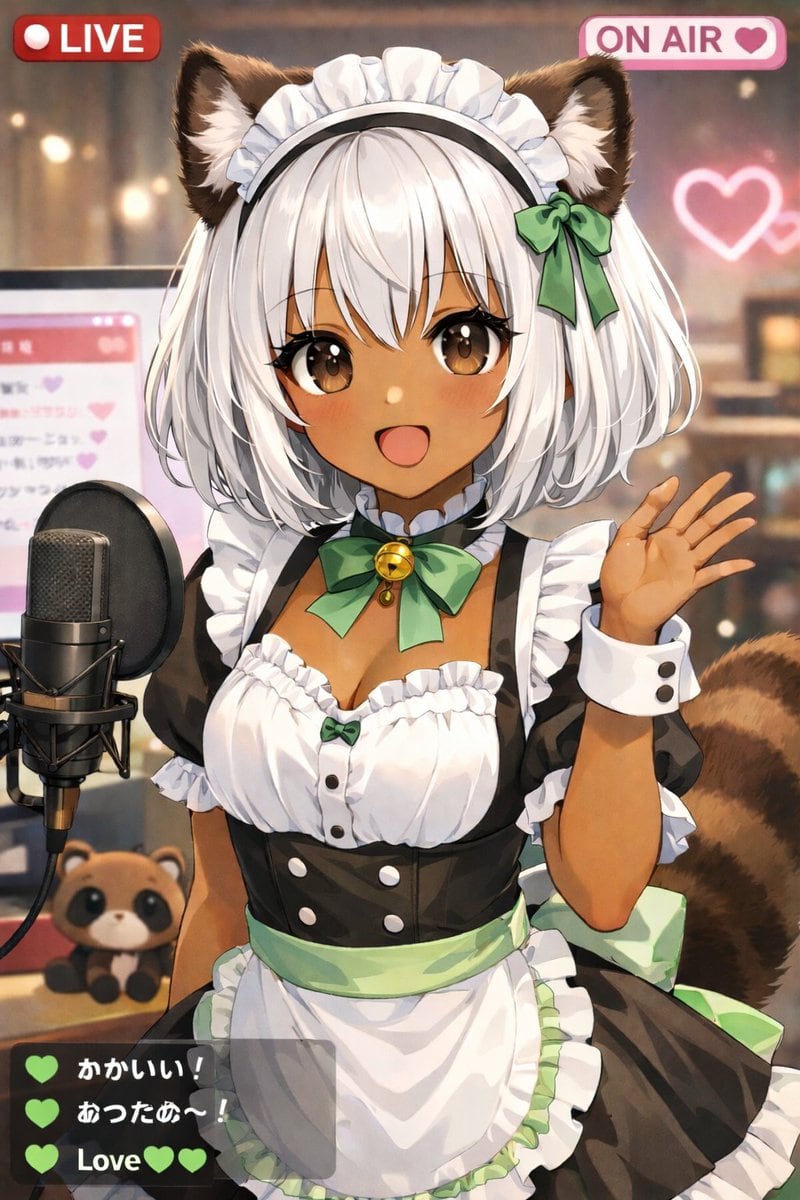An anime-style illustration of a cute tanuki-girl VTuber streaming live. She has dark skin, short white bob hair, fluffy brown animal ears, large brown eyes, and a fluffy striped tail. Sh...