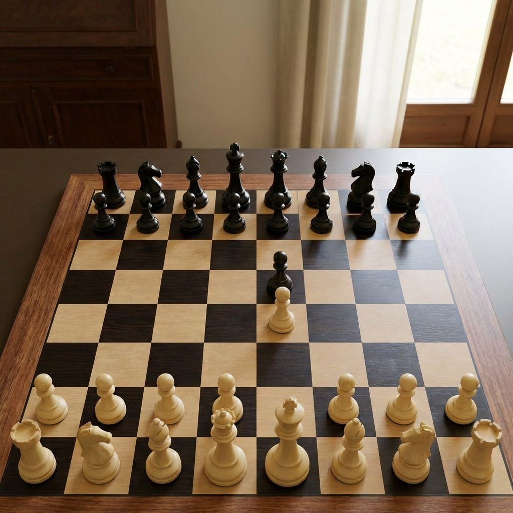 此提示词可生成一张逼真的室内木制国际象棋棋盘照片，展示简单的开局位置，适用于棋局可视化、走法准确性对比或模型基准测试。