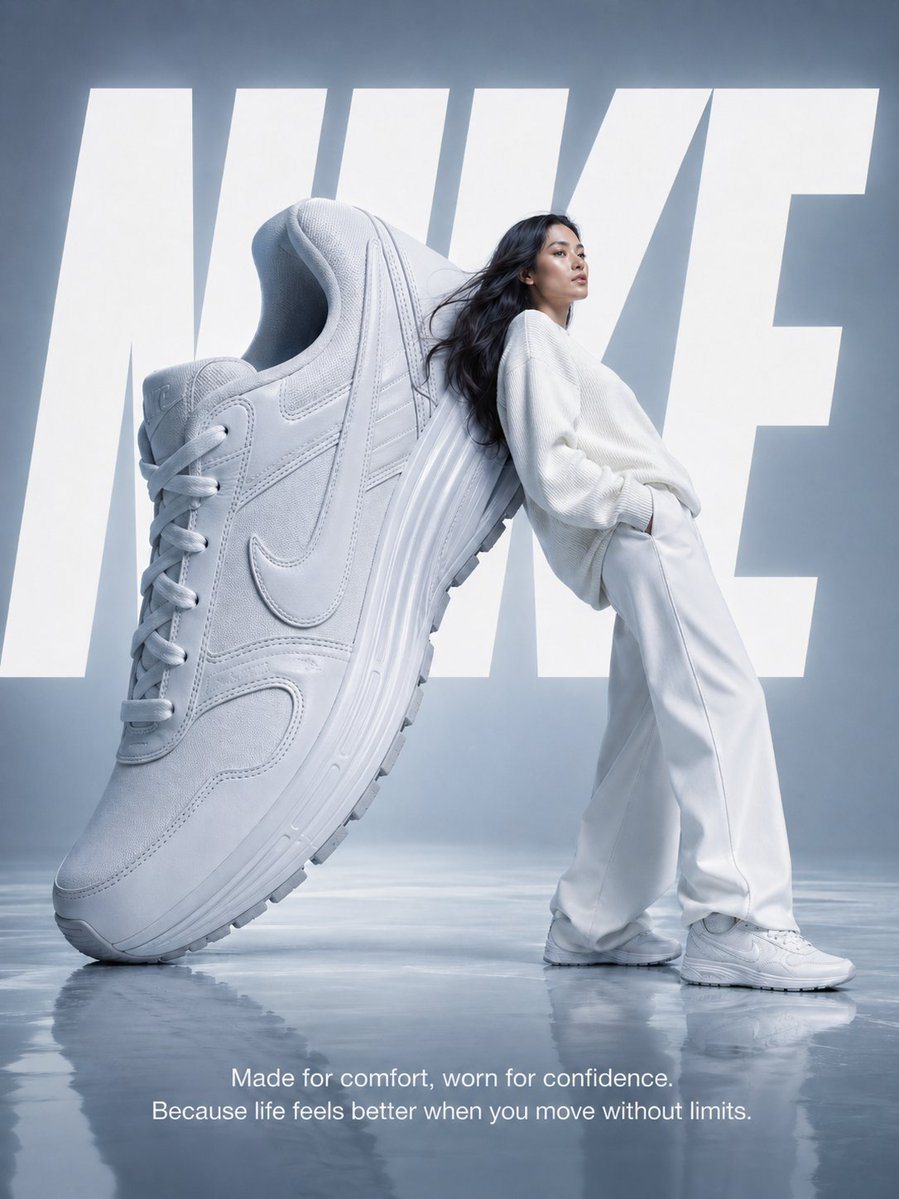 Using the provided reference image, regenerate the same Nike surreal fashion ad almost exactly as written, but present it as a polished finished poster: keep the cool light-blue minimalis...