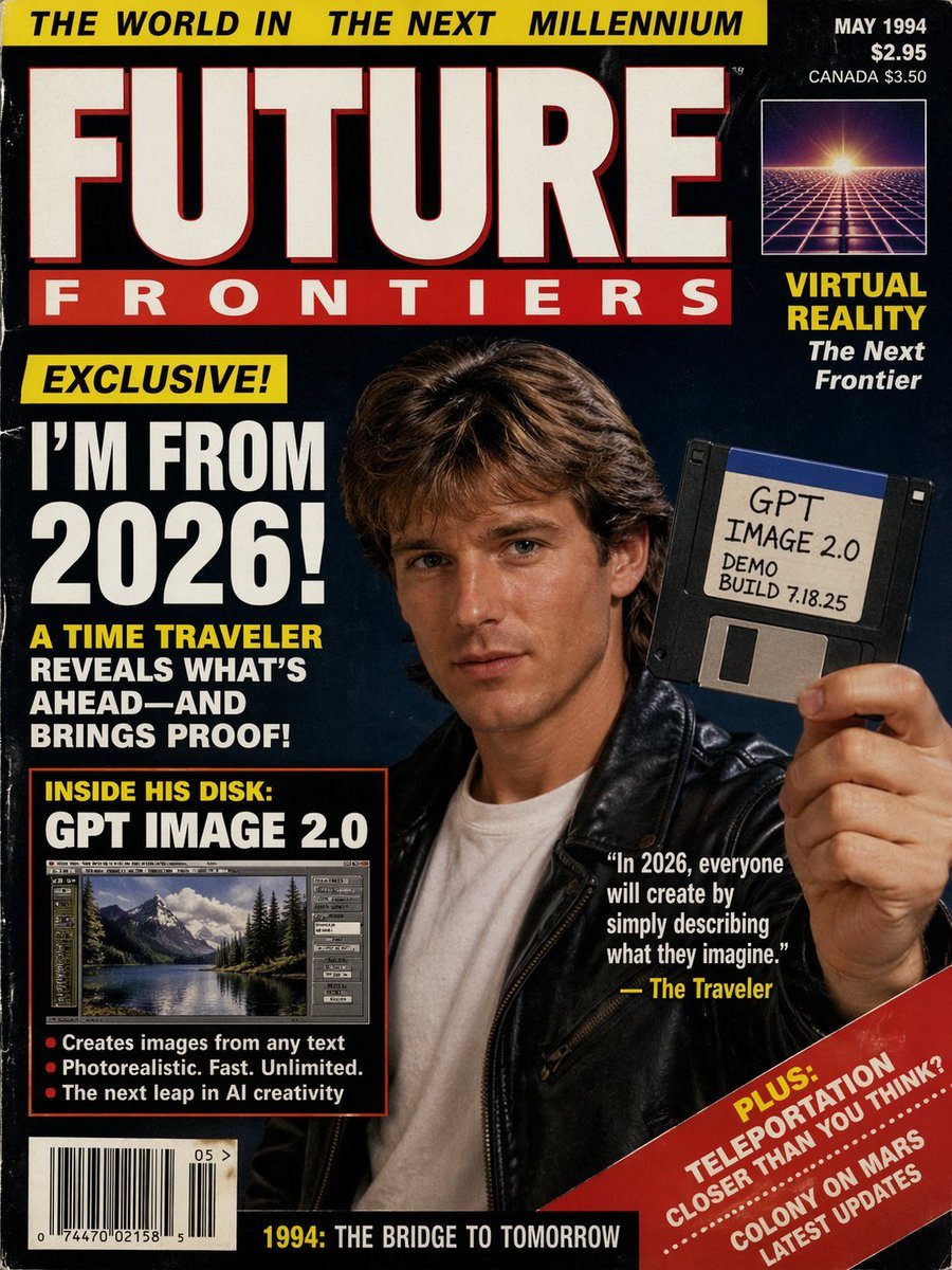 A magazine cover from the 1990s about a time traveler from 2026 discussing GPT image 2.0