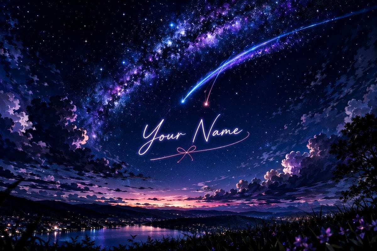 A breathtaking anime-style landscape featuring a vibrant, starry night sky dominated by a brilliant, sweeping Milky Way in hues of deep purple, blue, and magenta. Two prominent shooting s...