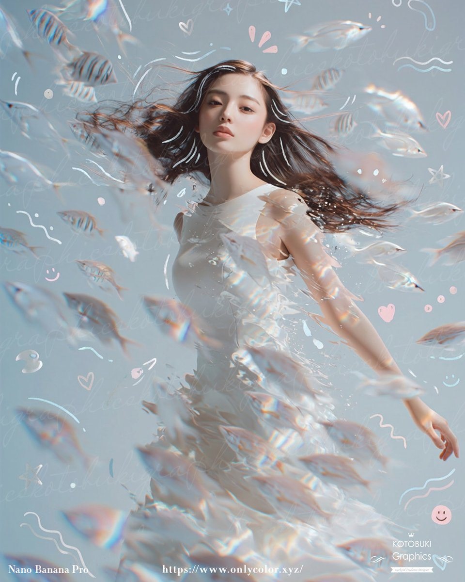 A dreamy surreal portrait of a young woman standing underwater or in a liquid-like ethereal space, shown from about mid-thigh up, wearing a flowing sleeveless white dress that appears to...