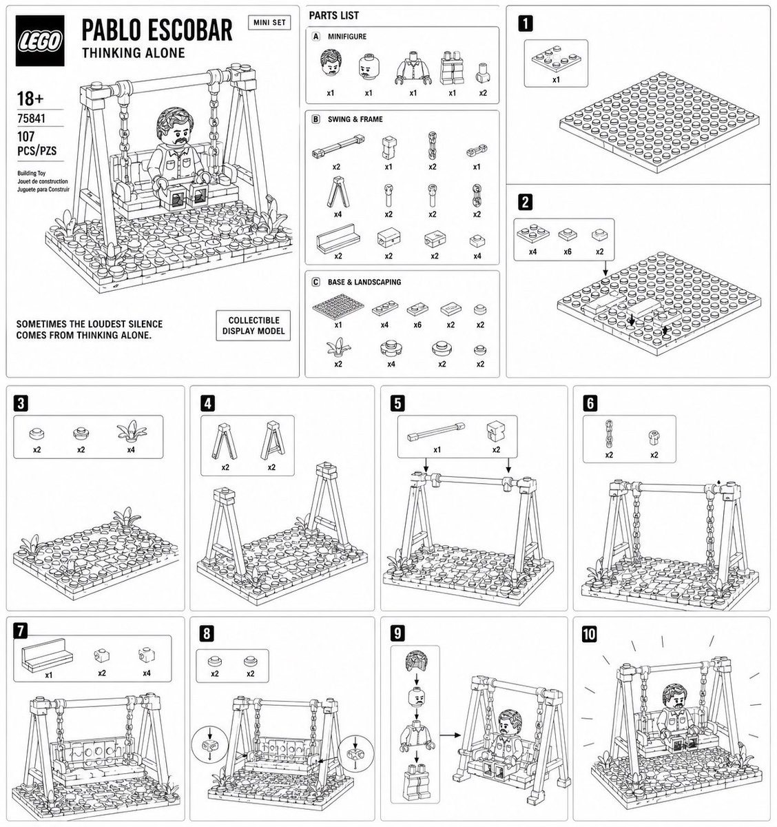 A black-and-white LEGO-style box and instruction sheet showing a small swing-set display model with a seated minifigure, useful for parody toy packaging, novelty concept sets, or fake build manuals.