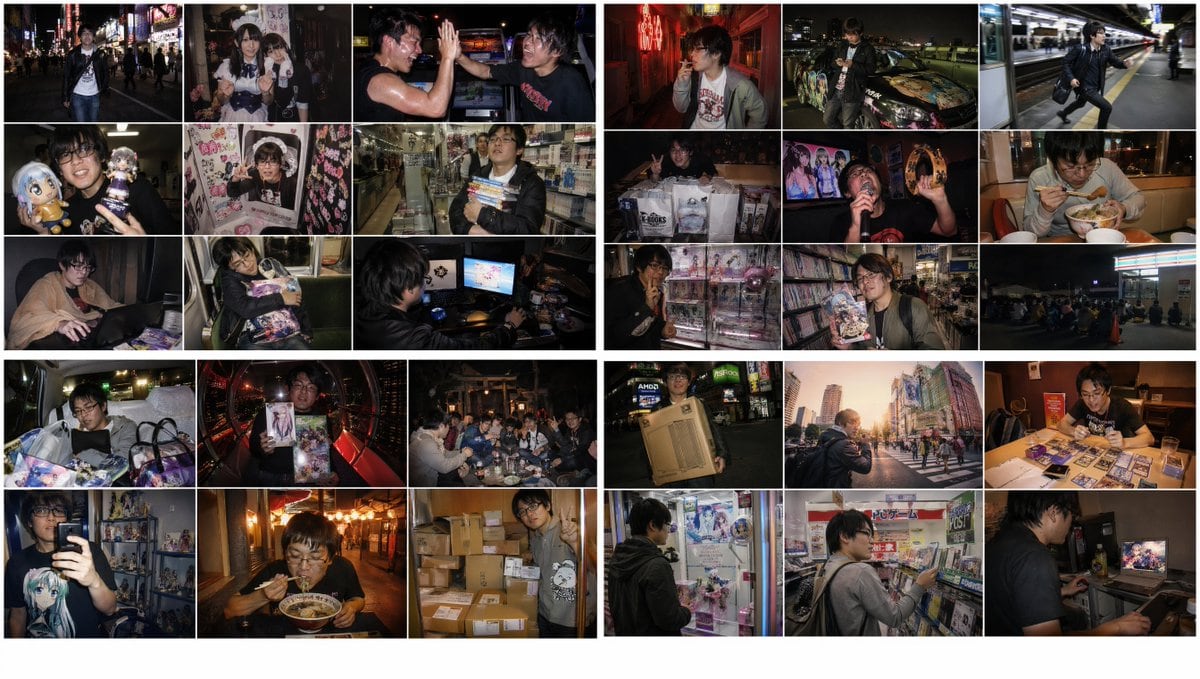 一个复杂的提示词,用于生成一系列怀旧的、低保真数字快照网格,捕捉 2010 年代初期秋叶原御宅族的生活,并呈现特定的氛围光影和 JPEG 伪影效果。