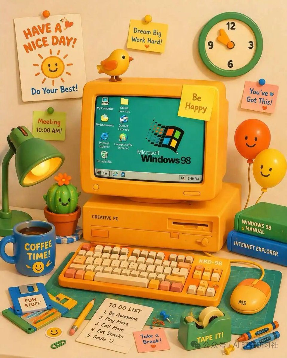 A vibrant, cute 3D claymation-style illustration of a retro yellow desktop computer setup on a desk. The central yellow CRT monitor displays a teal screen with the Microsoft Windows 98 lo...