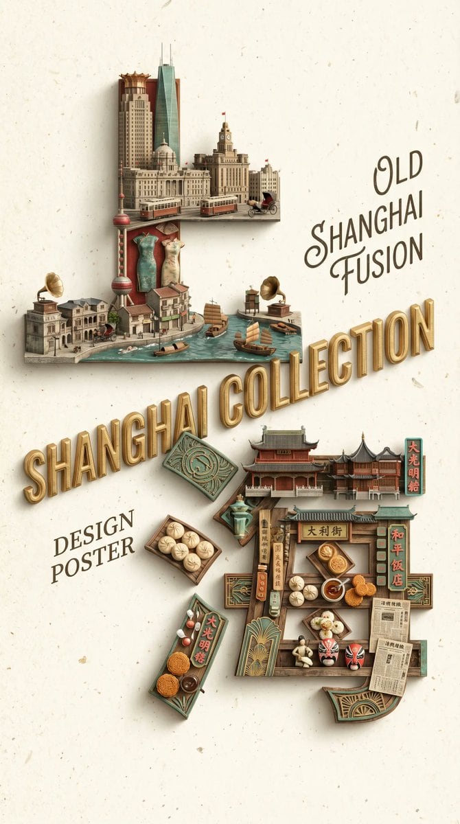 A handcrafted 3D-style cultural poster celebrating Shanghai through miniature architecture, food, signage, and retro typography, ideal for travel, branding, or editorial design.
