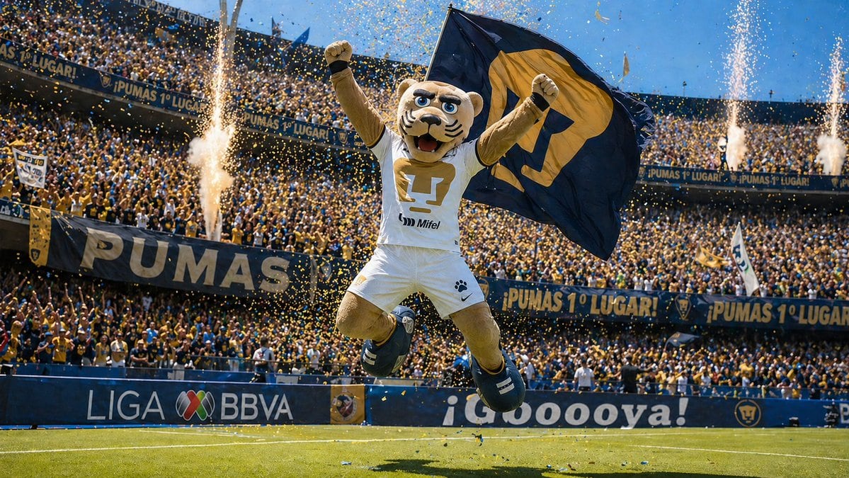A dramatic ultra-realistic sports celebration photo in a packed soccer stadium, centered on a leaping anthropomorphic puma mascot in midair on the field, both fists raised in triumph whil...