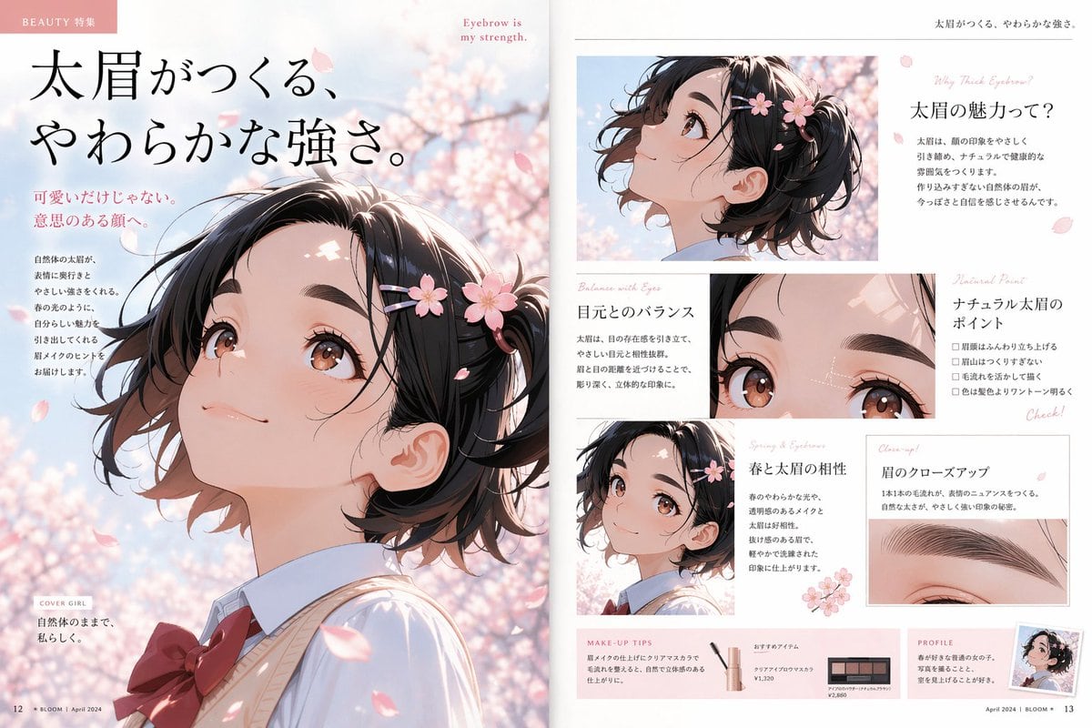 此提示词用于生成精美的双页动漫风格日本美妆杂志内页,聚焦于少女、春季樱花以及粗眉妆容的编辑设计。