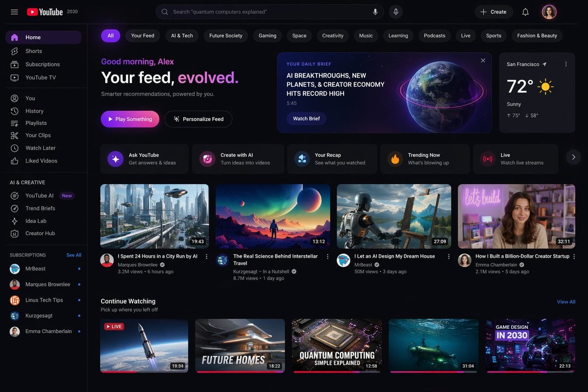 Screenshot of the YouTube homepage in 2030