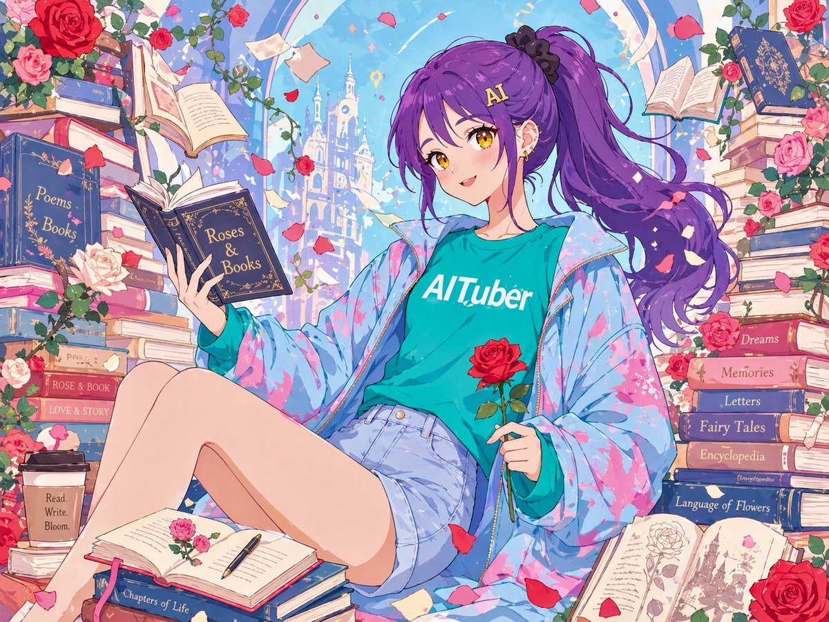 A dreamy anime end-card illustration of a relaxed young woman sitting sideways in a whimsical library of roses and books, surrounded by floating petals and open books. She has vivid purpl...