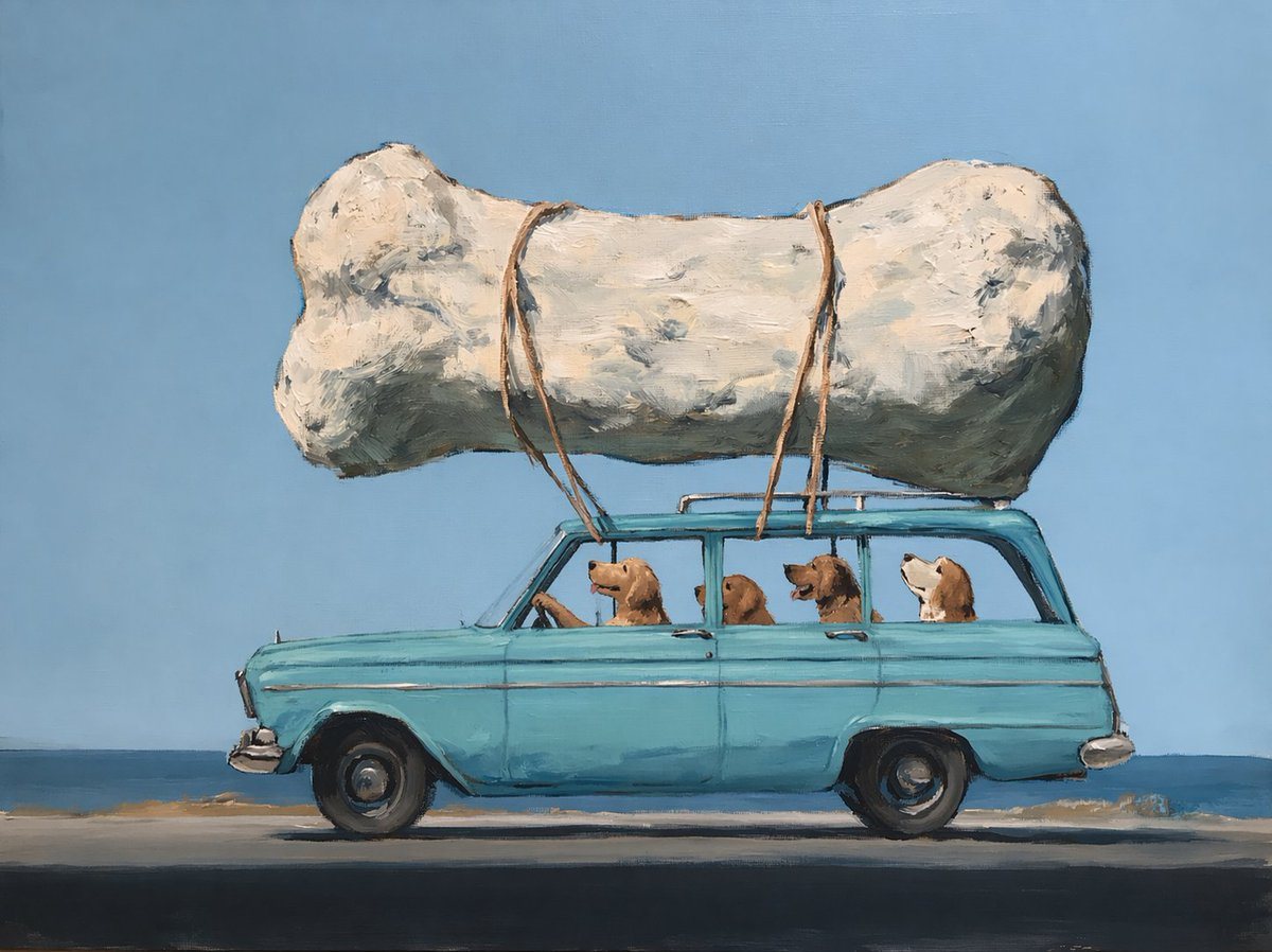 A whimsical painterly illustration of a vintage turquoise station wagon driving along a coastal road, shown in clean side profile against a simple blue sky and calm ocean horizon. On the...