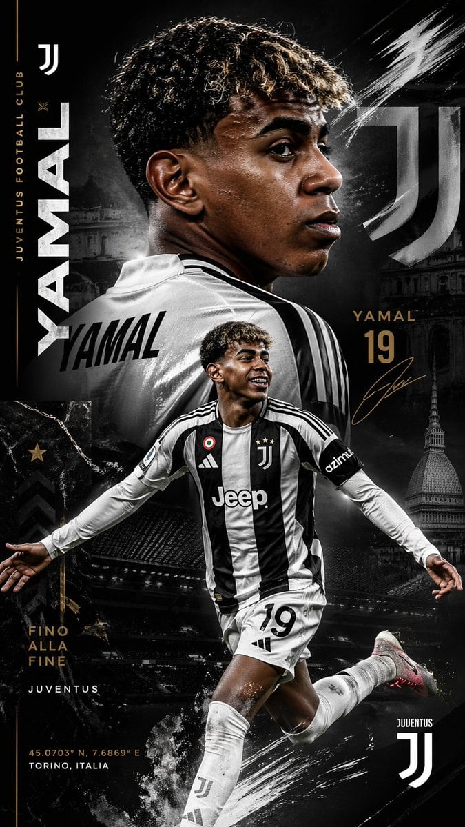 Create a dramatic vertical football poster for Yamal in a Juventus transfer-announcement style, ultra-detailed, high-contrast, black-and-white with metallic gold accents, gritty premium s...