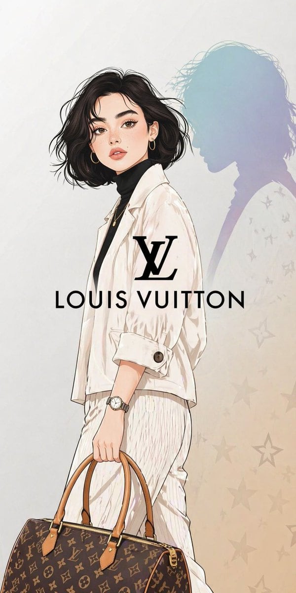 A luxury fashion illustration in Louis Vuitton advertisement style. A stylish young woman in side profile walking forward, holding a designer monogram handbag. Her face is soft, detailed,...