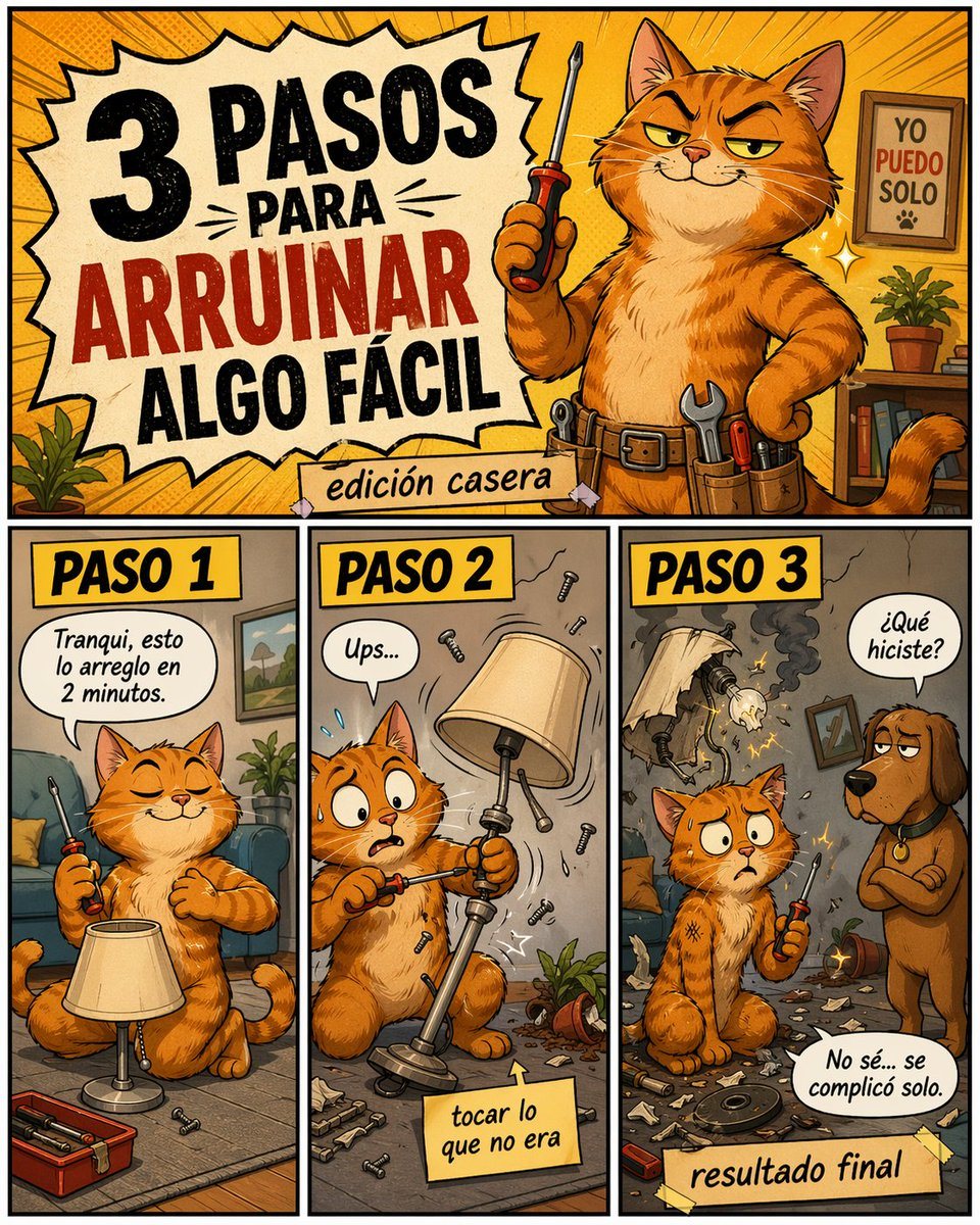 Create a colorful humorous comic-style poster in Spanish, vertical format, with a retro cartoon look, thick black outlines, warm orange and yellow palette, halftone texture, and exaggerat...