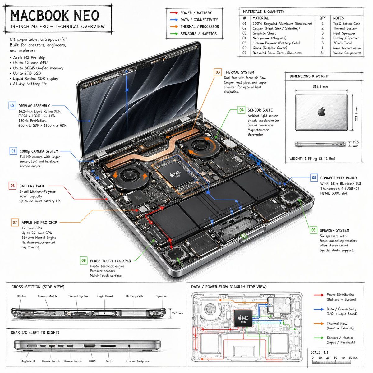 A detailed, hand-drawn style technical spec sheet for a laptop, featuring internal component callouts, material tables, and flow diagrams.