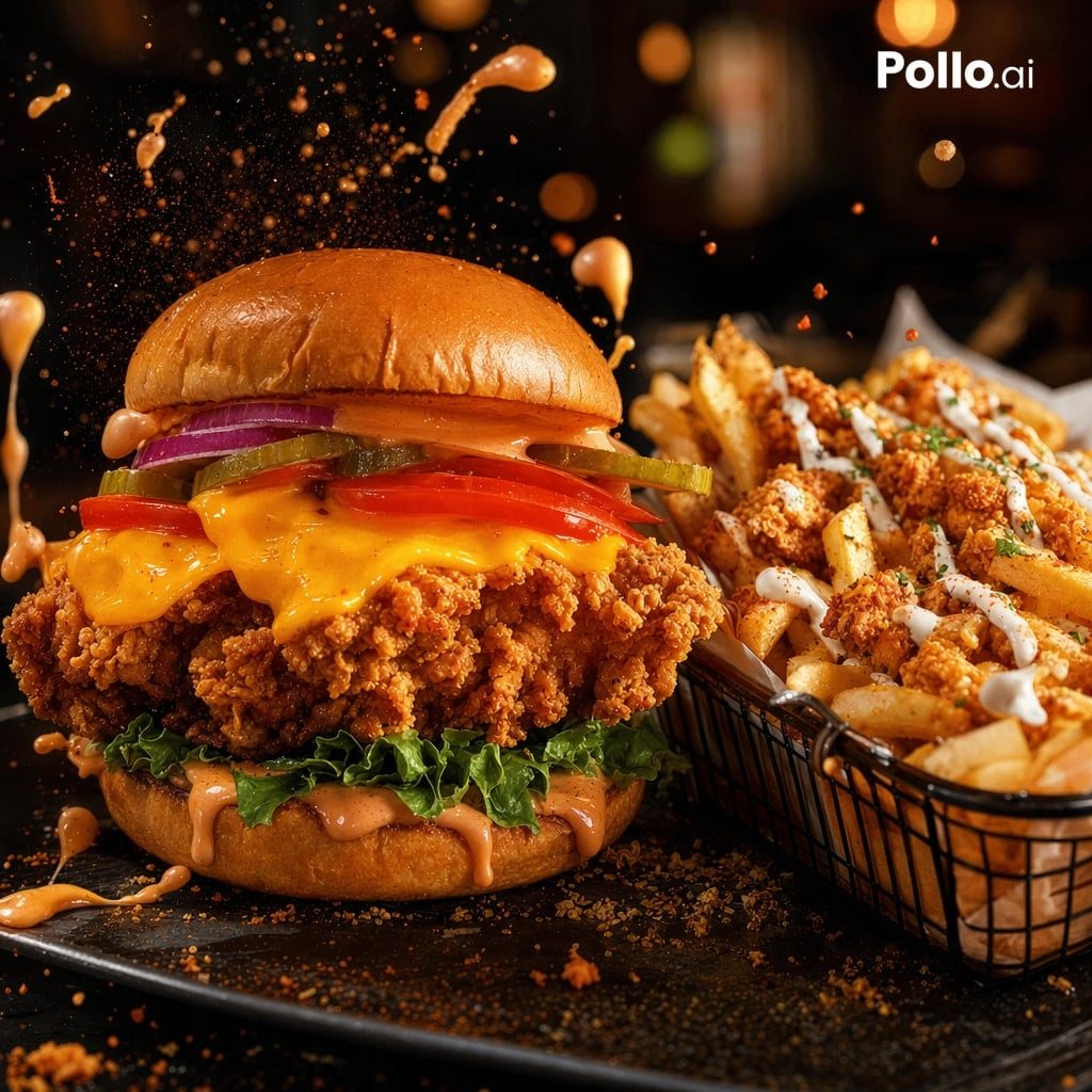 A dramatic photorealistic fast-food hero shot of a giant crispy fried chicken sandwich and a side basket of loaded fries on a dark restaurant table. The sandwich is centered slightly left...