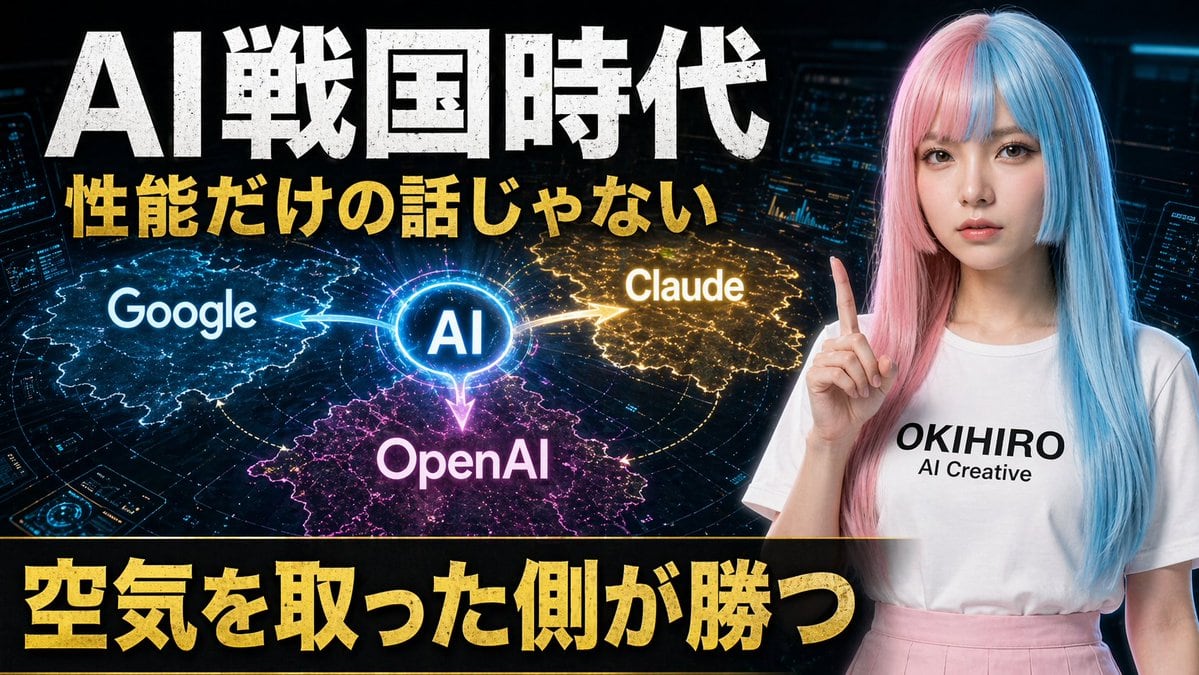 A bold Japanese YouTube thumbnail about the AI competition era, 16:9 widescreen, high contrast, dramatic tech-news style. Use a dark futuristic control-room background filled with 3 glowi...