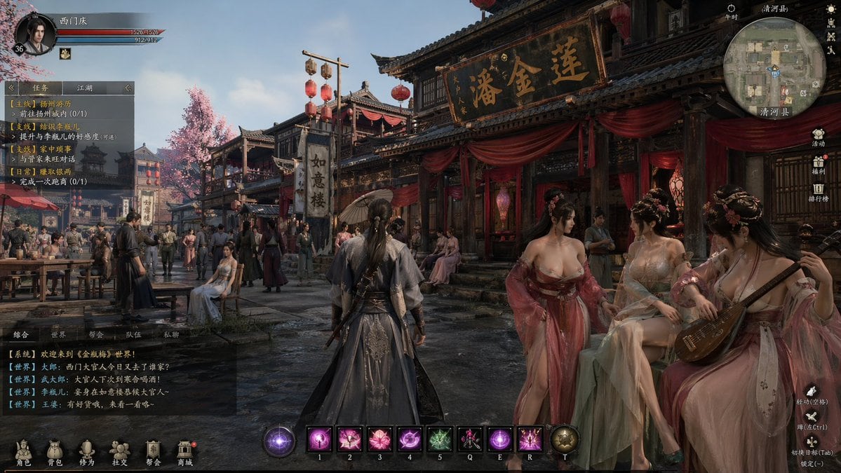 A highly detailed cinematic third-person wuxia MMORPG gameplay screenshot set in a bustling ancient Chinese water-town market street at dusk, viewed from behind the player character stand...