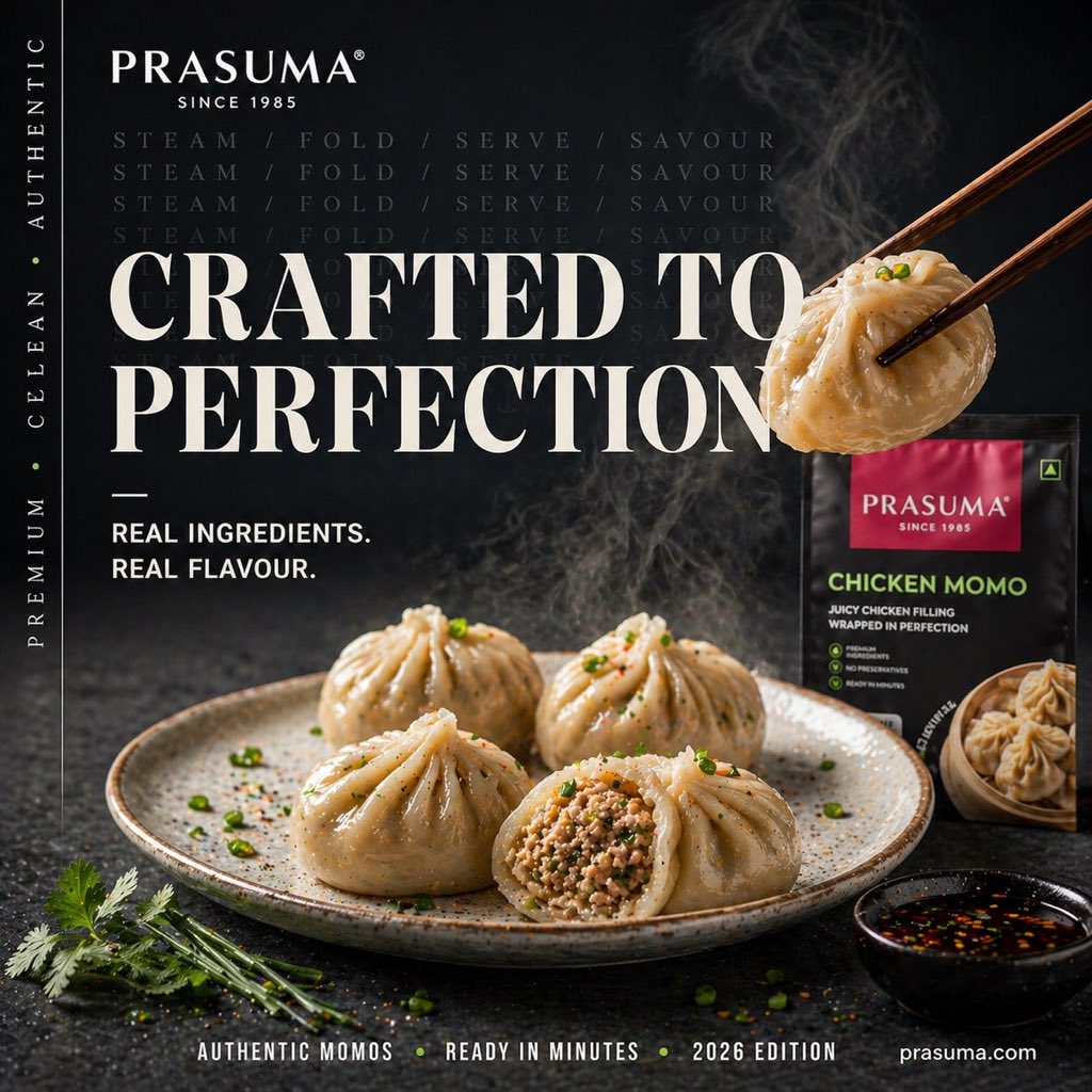 Create a premium cinematic food advertisement poster for PRASUMA frozen momos in a dark moody studio setting. The composition is a square social-media-ready commercial poster with luxurio...