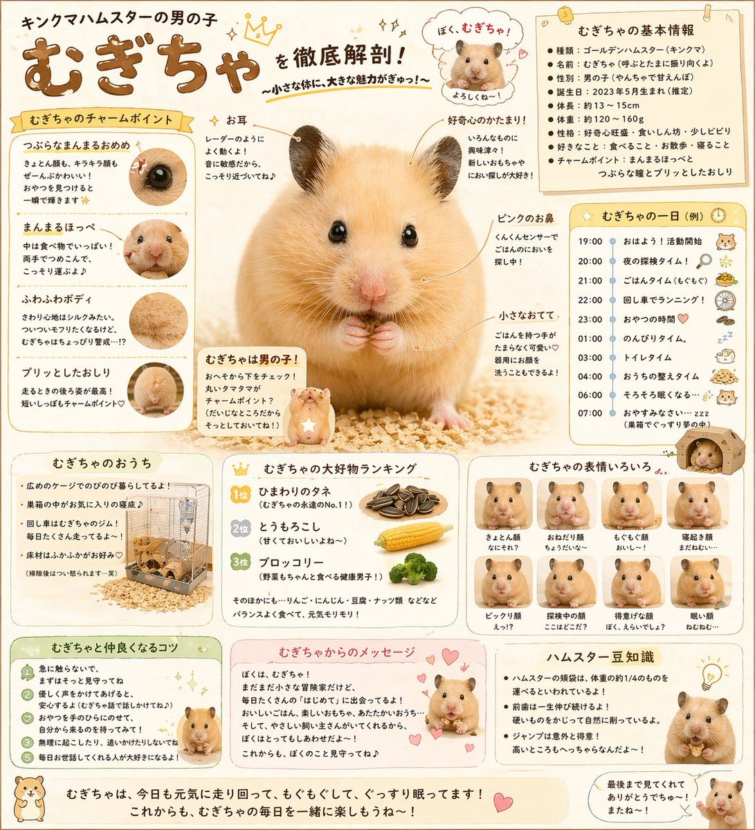 一张温馨且信息量丰富的日系风格海报，展示了一只可爱的宠物仓鼠，包含特征标注、日常生活、最爱食物、表情包及饲养小贴士，非常适合社交媒体发布或制作宠物档案。