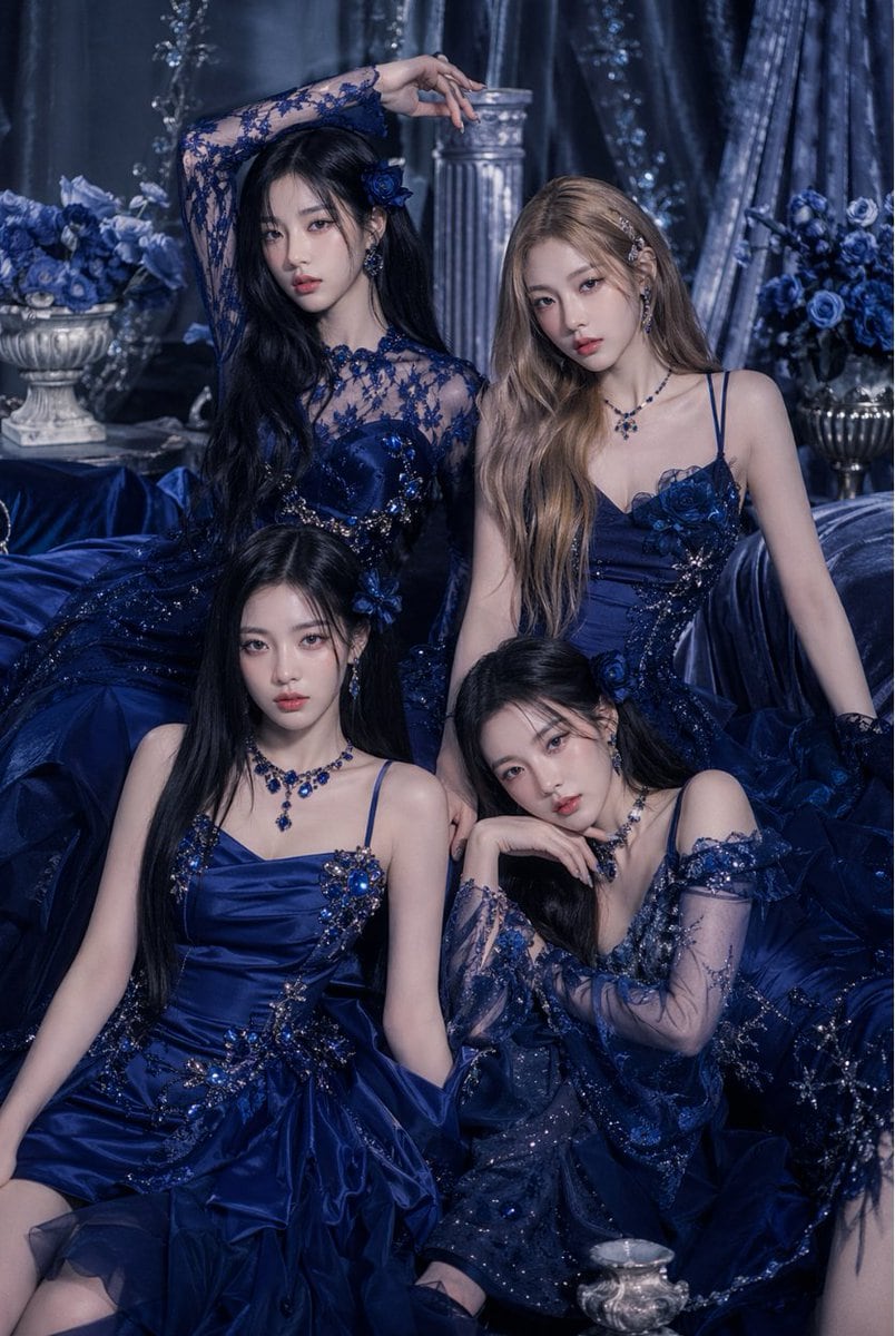 A luxurious studio fashion portrait of four elegant young women posed closely together in a dramatic royal-blue fantasy setting, all wearing coordinated deep sapphire and midnight-navy co...
