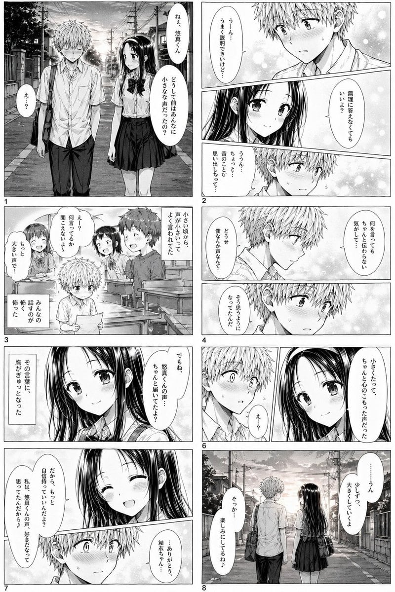 一页精致的灰度漫画,描绘了一名害羞的高中男生与一名善良的女生讨论他安静的童年,适用于生成日式浪漫漫画页面。
