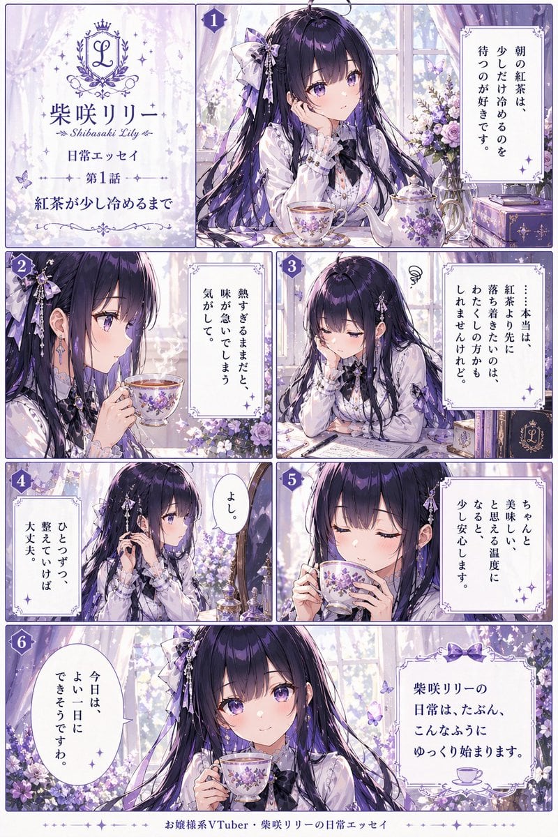 Generates a fully laid-out, 6-panel anime-style comic page with a title block, text boxes, and a consistent character design, ideal for VTuber lore or short visual stories.