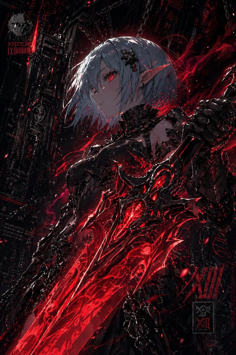 A dark ultra-detailed anime cyber-gothic portrait of a female elf warrior in a three-quarter side profile, framed from upper thighs to head, standing in a ruined futuristic industrial cit...