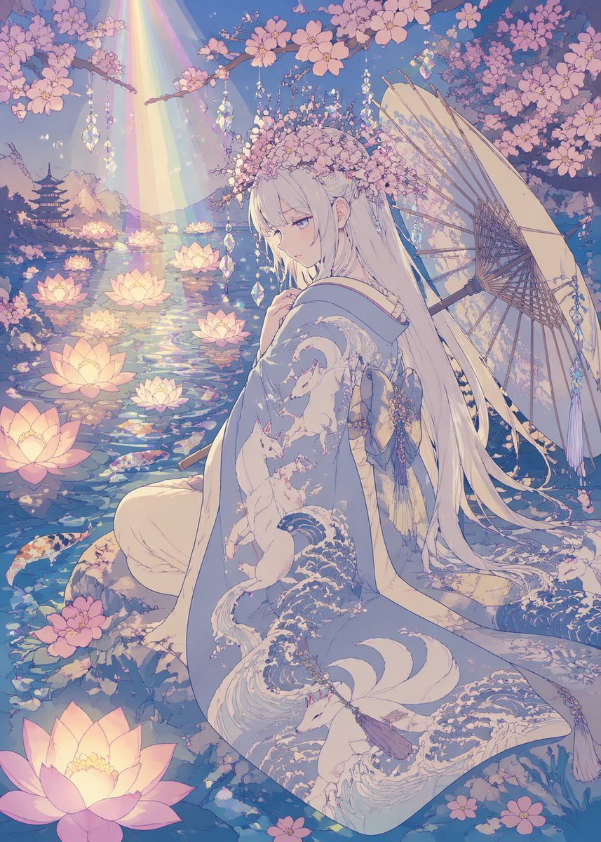 A dreamy pastel anime illustration of a serene young woman in a moonlit spring garden beside a pond, rendered in delicate Japanese fantasy style with flat anime coloring, no shadows, ultr...