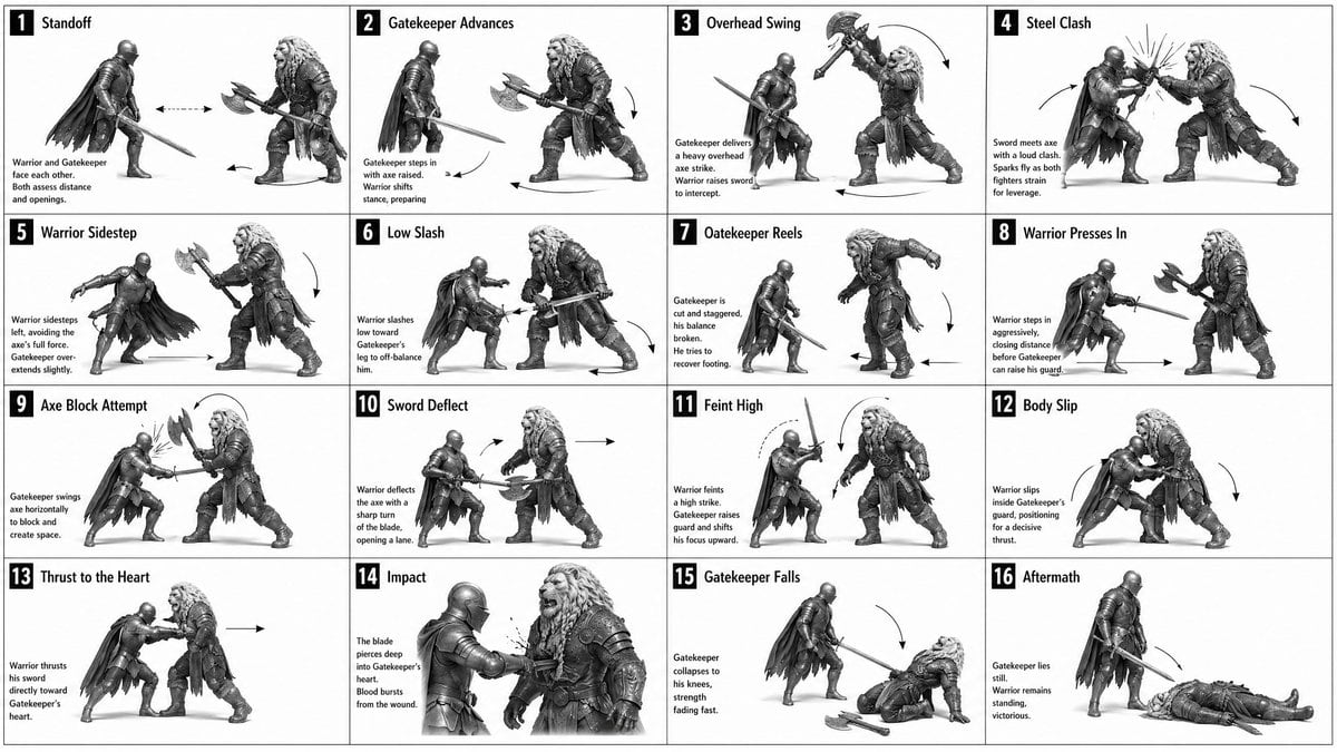 This prompt generates a grayscale 4x4 action storyboard showing a step-by-step fantasy sword-versus-axe duel, useful for planning fight choreography or animation.