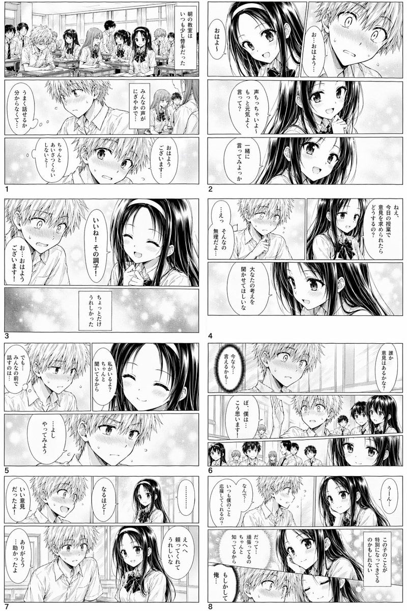 一张展示害羞男生与温柔女生在教室交谈的黑白原创漫画页面，适用于生成全页校园恋爱漫画艺术。