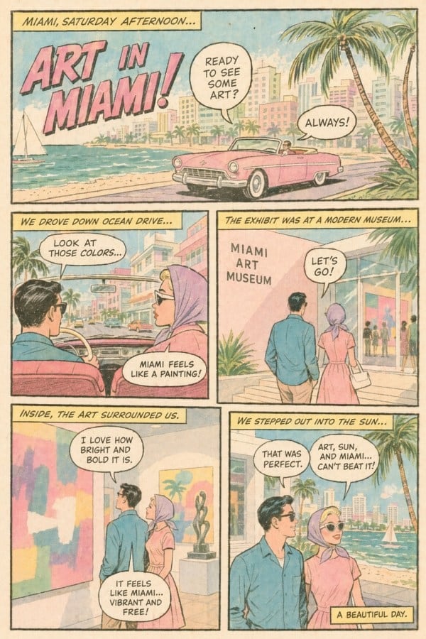 A vintage American comic-book page in a faded 1950s romance-adventure style, printed on slightly yellowed paper with visible halftone texture, inked panel borders, and soft weathered colo...