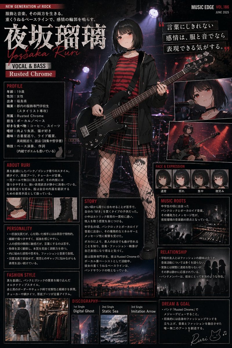 Generates a highly detailed, magazine-style character biography page with multiple text sections, inset images, and a central full-body portrait.