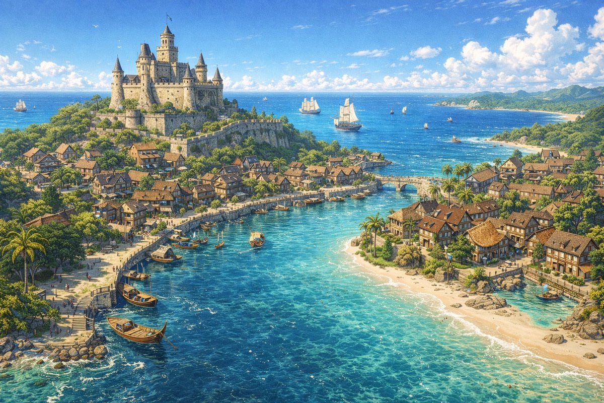 A breathtaking, panoramic view of a fantasy coastal city. The scene is dominated by a large stone castle on a hill overlooking the vibrant blue ocean. Below the castle, a bustling town fe...